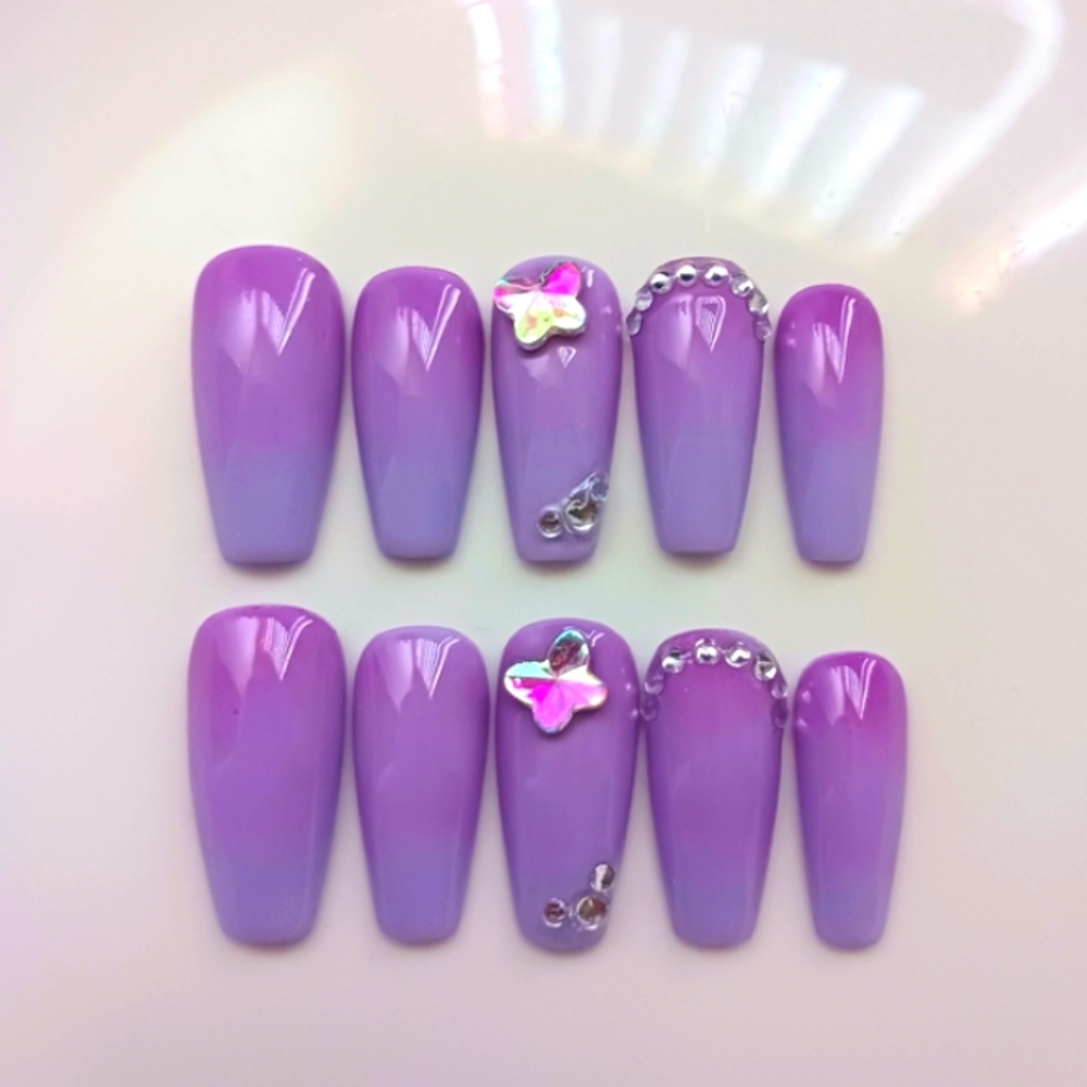 Luxurious Purple Ombre Handcrafted Press on Nails with Rhinestones 10pcs